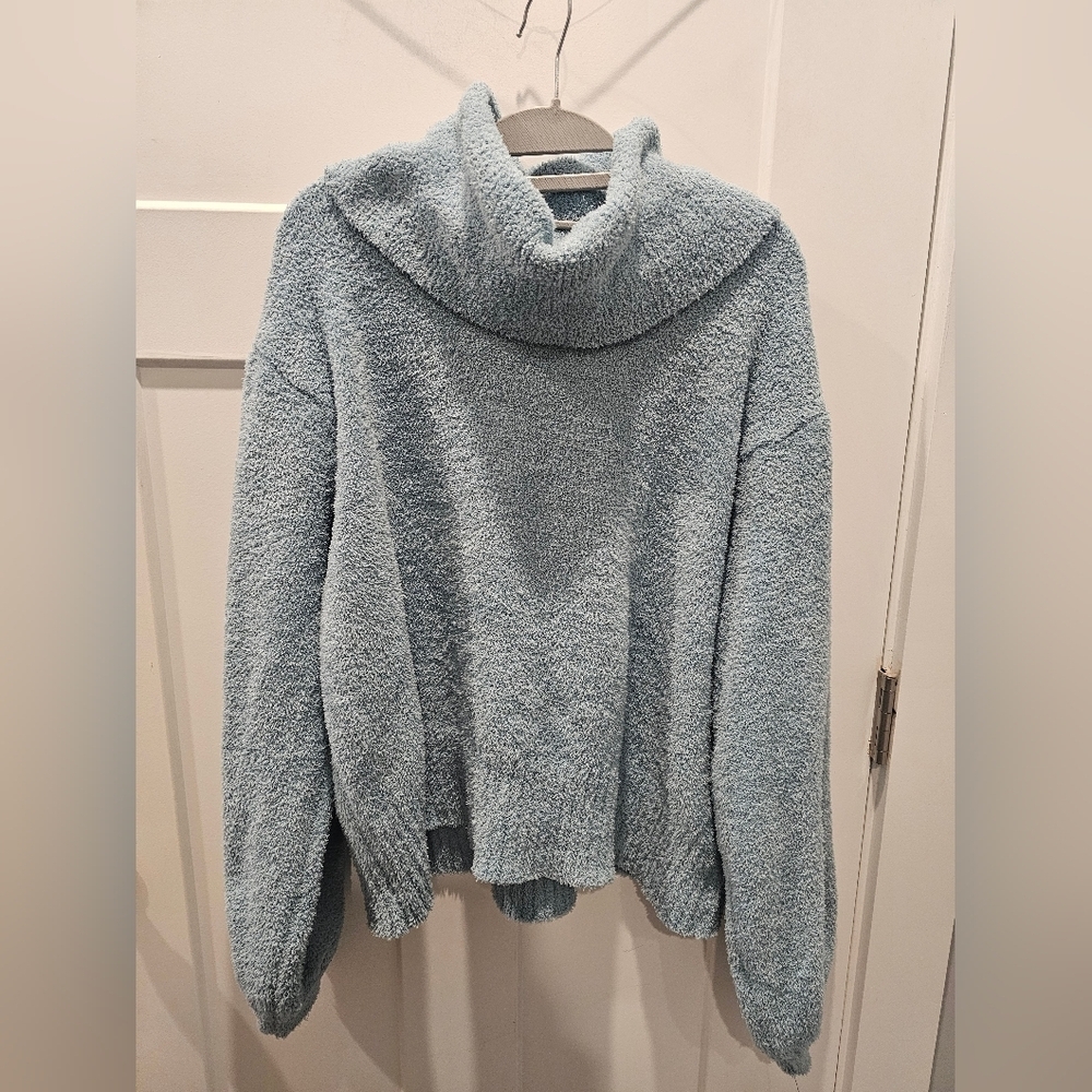 Ruby Moon Blue Plush Cowl Neck Pullover Sweater XL Soft Fuzzy Cozy Teddy Knit